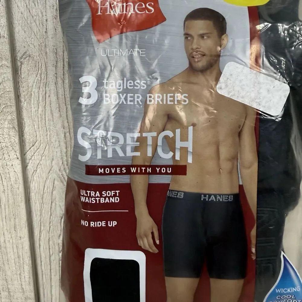 Hanes Men's Large 3-Pack Black Cotton Blend Stretch Boxer Briefs Wicking 36-38”